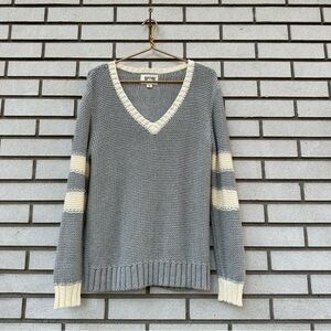 Nation LTD Gray Cream V-Neck Varsity Stripe Knit Sweater Pullover Small Academia